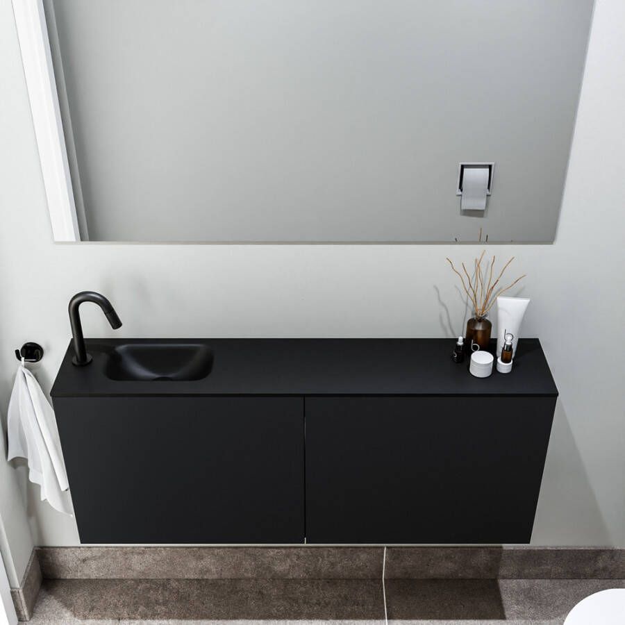 Zaro Polly toiletmeubel 120cm mat zwart met zwarte wastafel met kraangat links