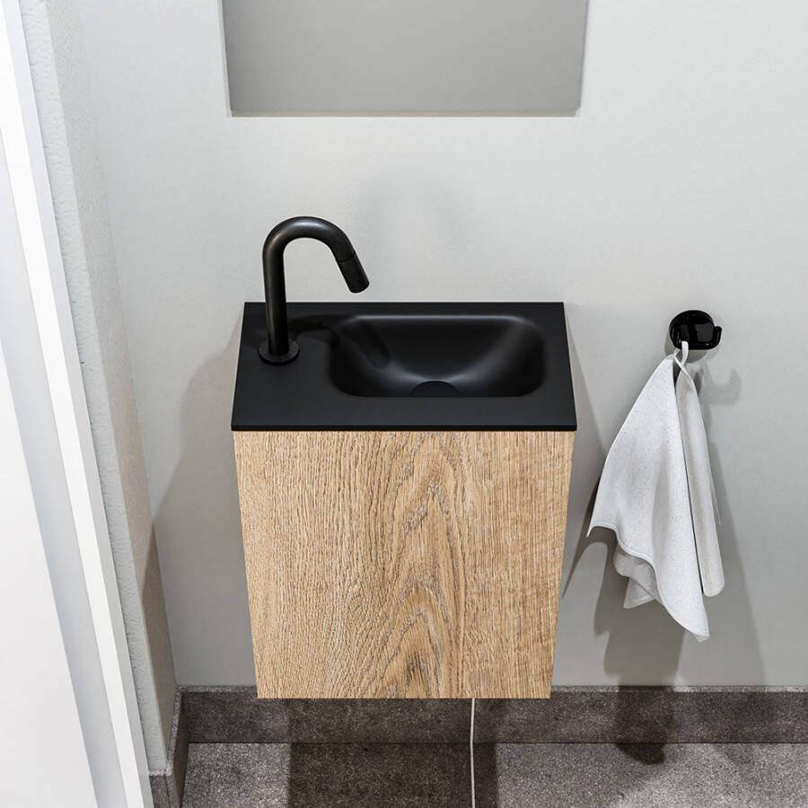 Zaro Polly toiletmeubel 40cm eiken met zwarte wastafel met kraangat links