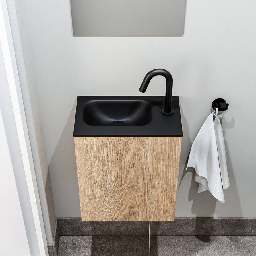 Zaro Polly toiletmeubel 40cm eiken met zwarte wastafel met kraangat rechts