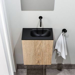 Zaro Polly toiletmeubel 40cm eiken met zwarte wastafel zonder kraangat rechts