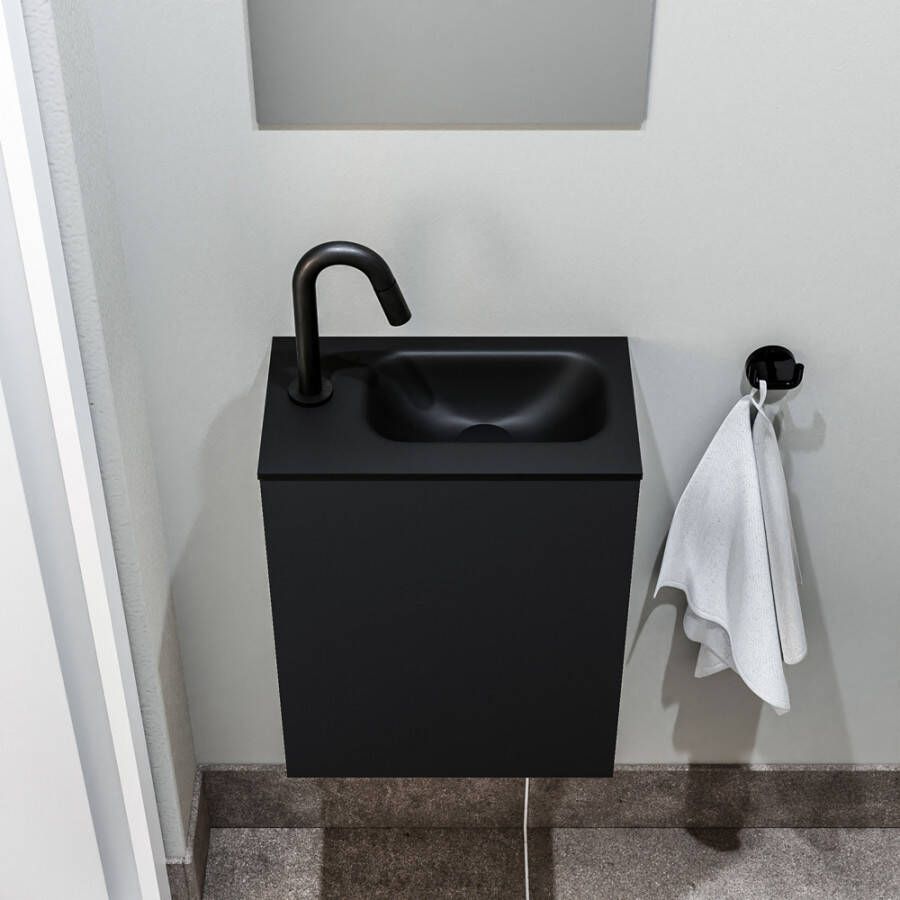 Zaro Polly toiletmeubel 40cm mat zwart met zwarte wastafel met kraangat links