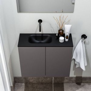Zaro Polly toiletmeubel 60cm donkergrijs met zwarte wastafel zonder kraangat links