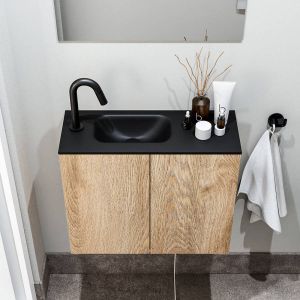 Zaro Polly toiletmeubel 60cm eiken met zwarte wastafel met kraangat links