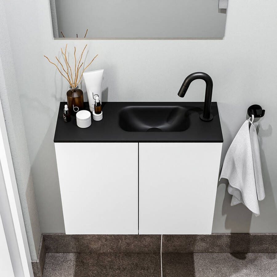 Zaro Polly toiletmeubel 60cm mat wit met zwarte wastafel met kraangat rechts
