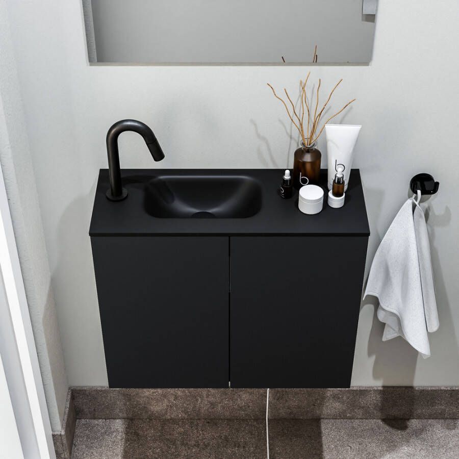 Zaro Polly toiletmeubel 60cm mat zwart met zwarte wastafel met kraangat links