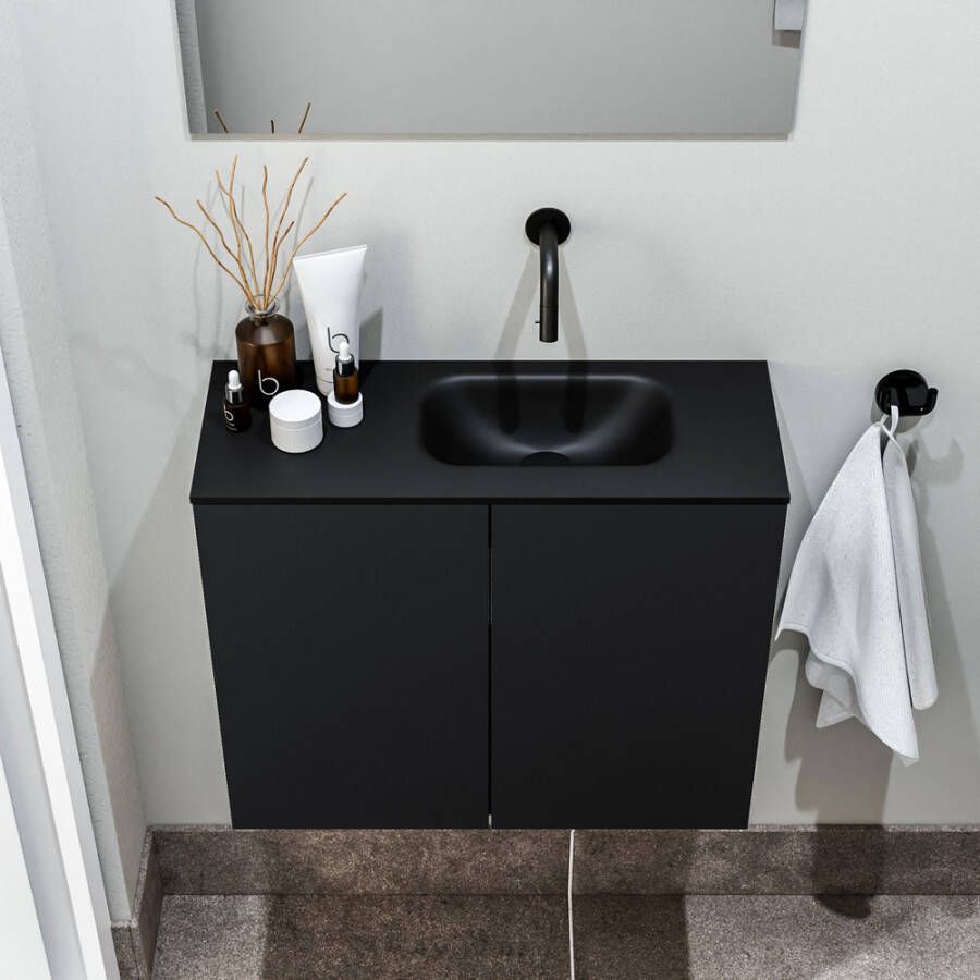 Zaro Polly toiletmeubel 60cm mat zwart met zwarte wastafel zonder kraangat rechts