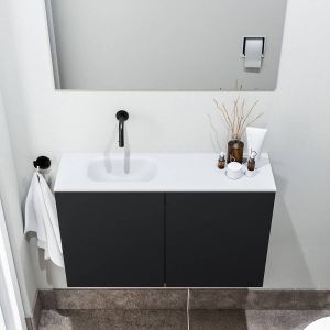 Zaro Polly toiletmeubel 80cm mat zwart met witte wastafel zonder kraangat links
