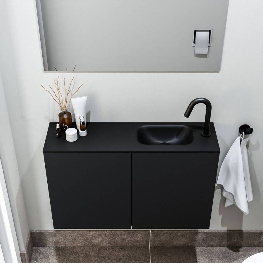 Zaro Polly toiletmeubel 80cm mat zwart met zwarte wastafel met kraangat rechts