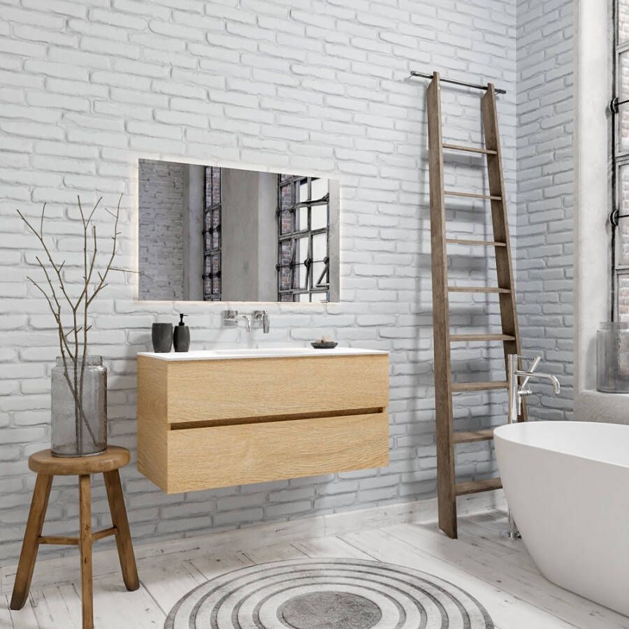 Zaro Sevilla Solid Surface badmeubel 100cm licht eiken zonder kraangat spoelbak midden met 2 lades