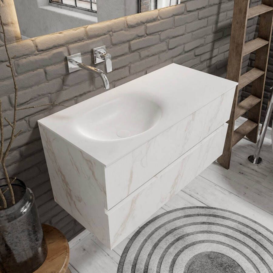 Zaro Sevilla Solid Surface badmeubel 100cm zonder kraangat wit marmer spoelbak links met 2 lades