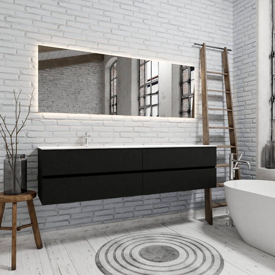 Zaro Sevilla Solid Surface badmeubel 200cm mat zwart 1 kraangat spoelbak links met 4 lades