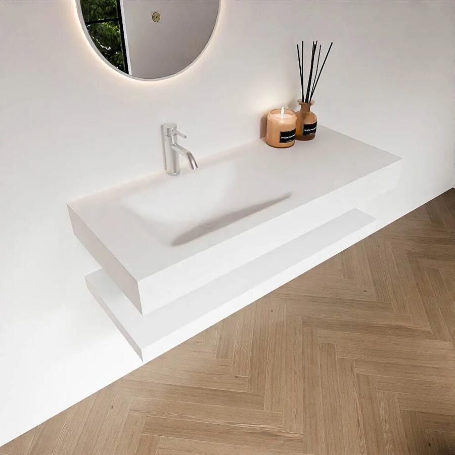 Zaro Alan badmeubel 110cm met planchet talc en vrijhangende wastafel cloud links 1 kraangat talc