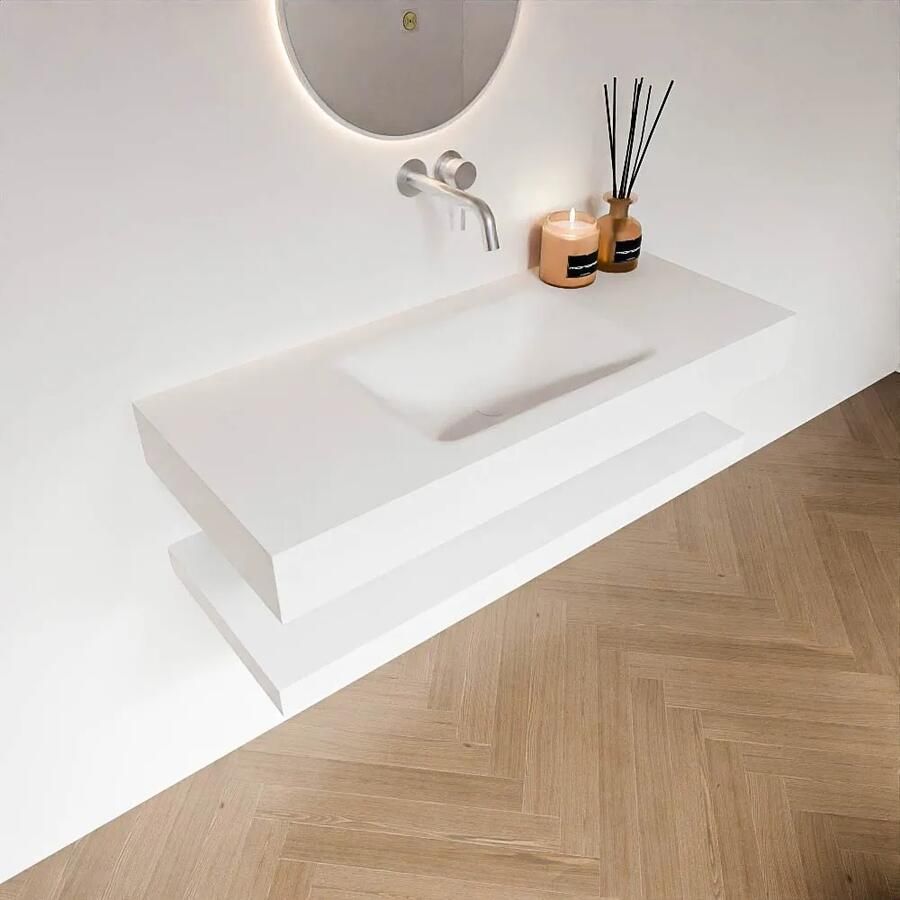 Zaro Alan badmeubel 110cm met planchet talc en vrijhangende wastafel cloud midden zonder kraangat talc