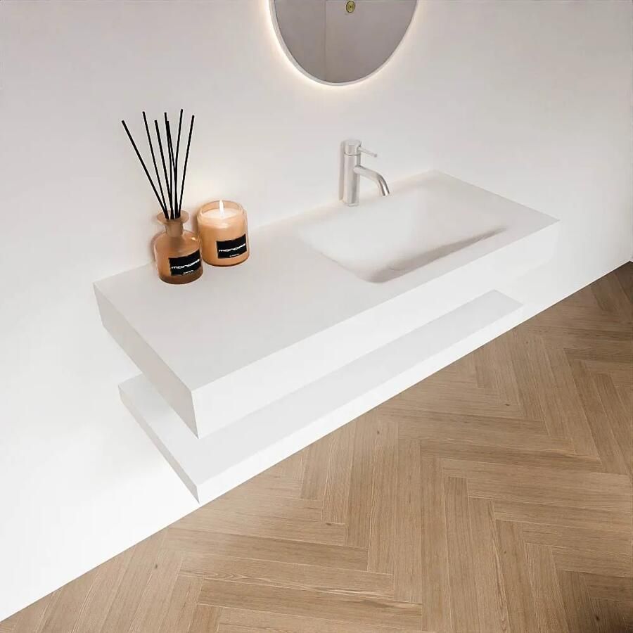Zaro Alan badmeubel 110cm met planchet talc en vrijhangende wastafel cloud rechts 1 kraangat talc