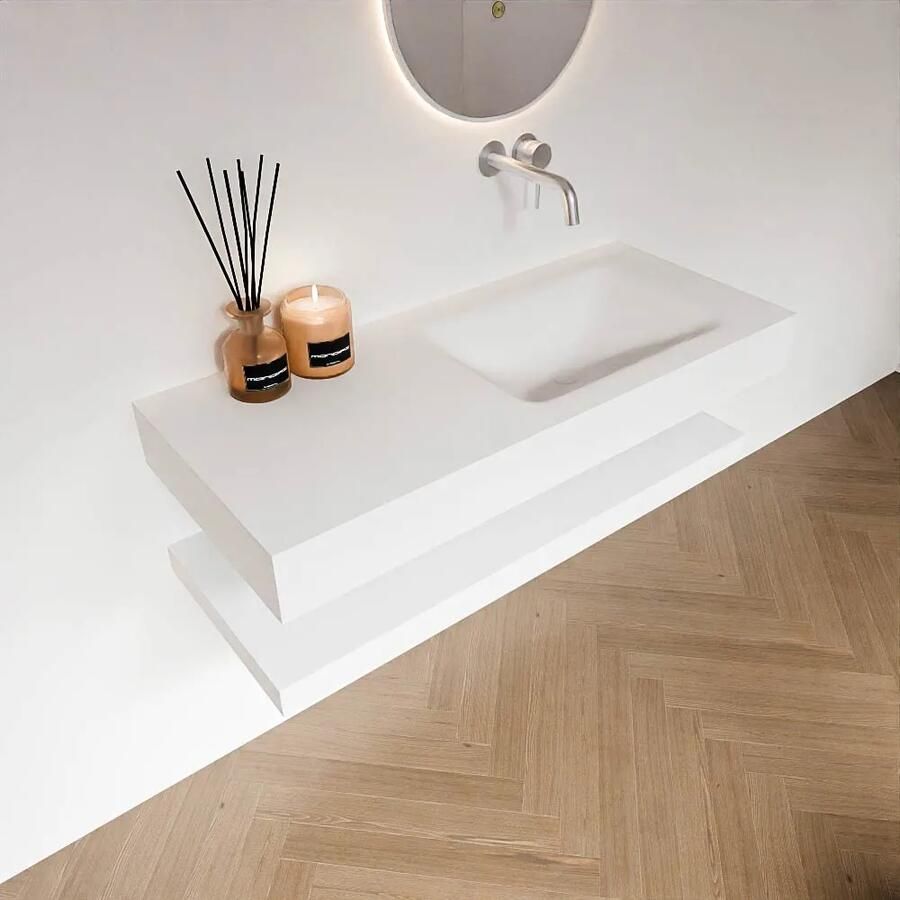 Zaro Alan badmeubel 110cm met planchet talc en vrijhangende wastafel cloud rechts zonder kraangat talc