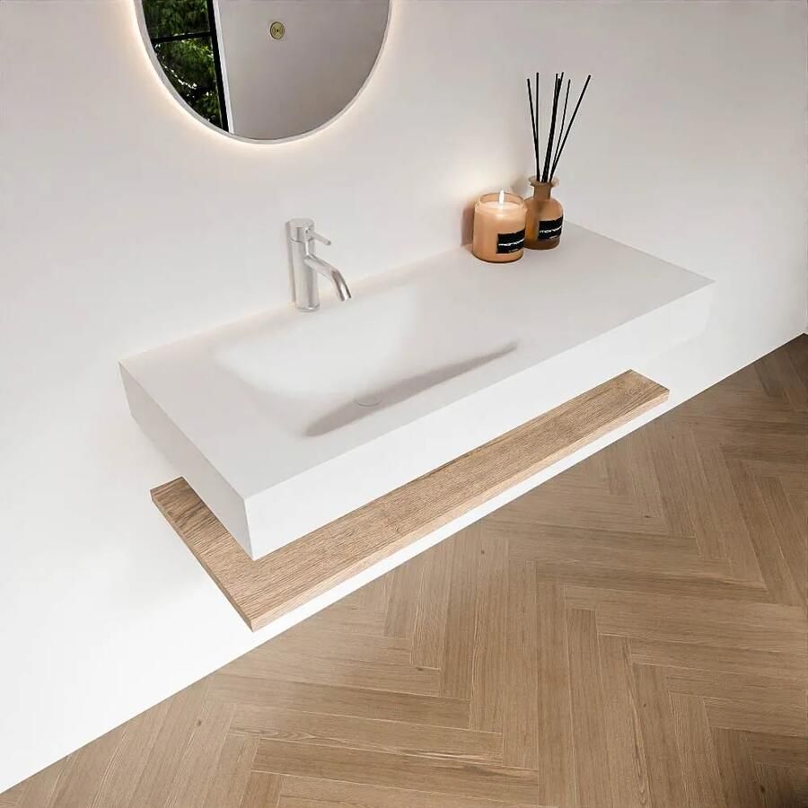 Zaro Alan badmeubel 110cm met planchet washed oak en vrijhangende wastafel cloud links 1 kraangat talc