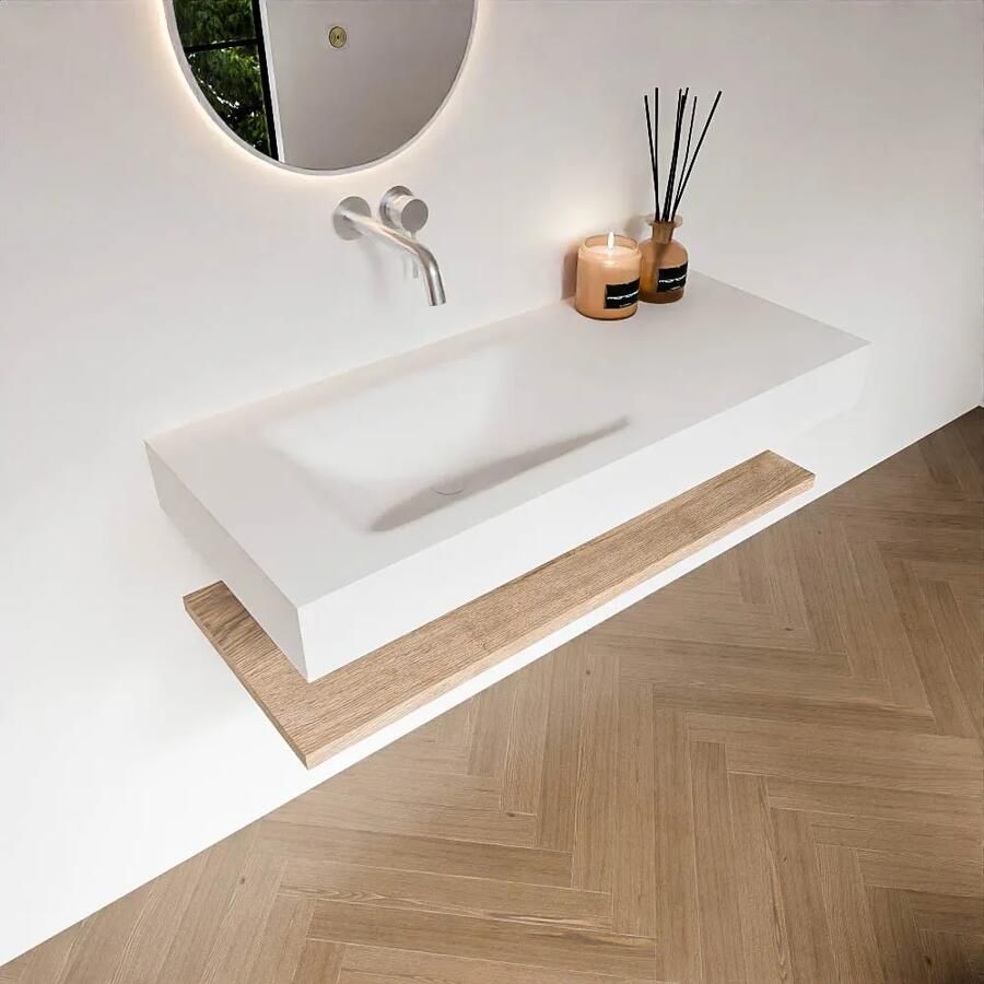 Zaro Alan badmeubel 110cm met planchet washed oak en vrijhangende wastafel cloud links zonder kraangat talc