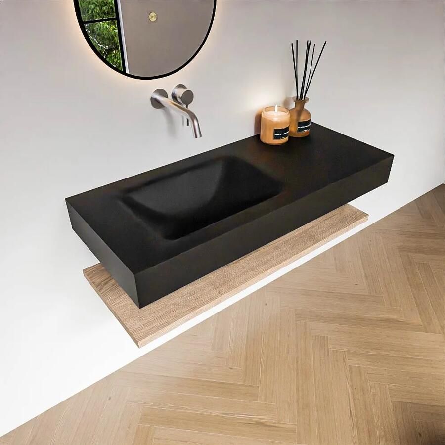 Zaro Alan badmeubel 110cm met planchet washed oak en vrijhangende wastafel cloud links zonder kraangat urban