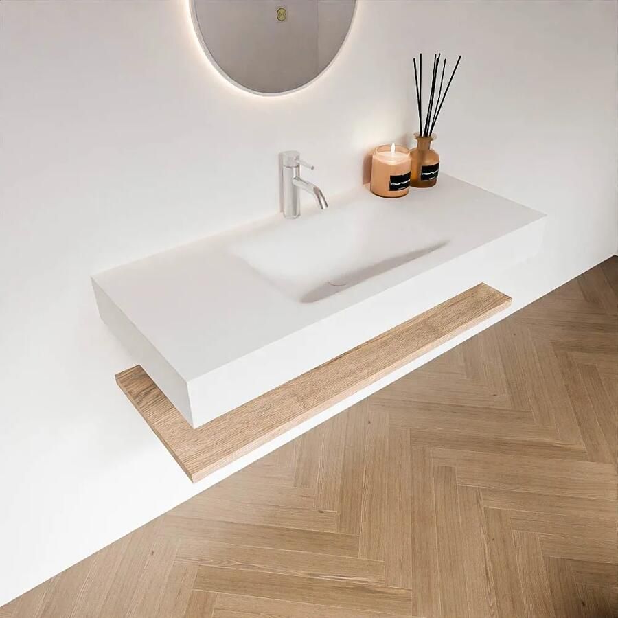 Zaro Alan badmeubel 110cm met planchet washed oak en vrijhangende wastafel cloud midden 1 kraangat talc