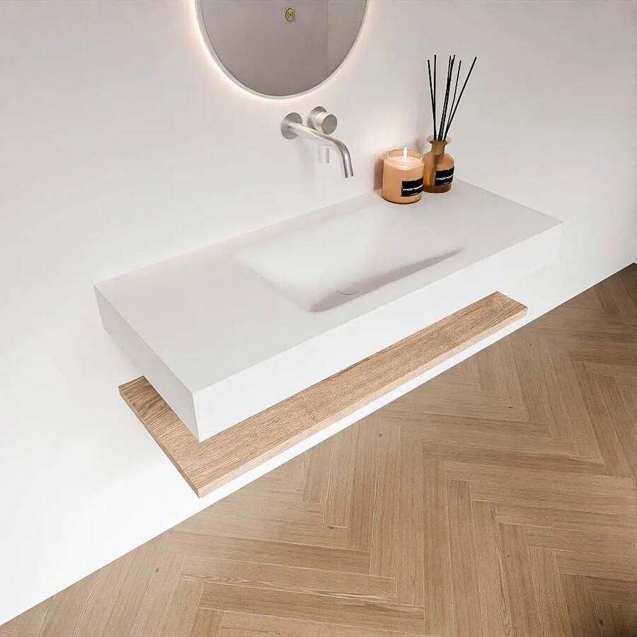 Zaro Alan badmeubel 110cm met planchet washed oak en vrijhangende wastafel cloud midden zonder kraangat talc