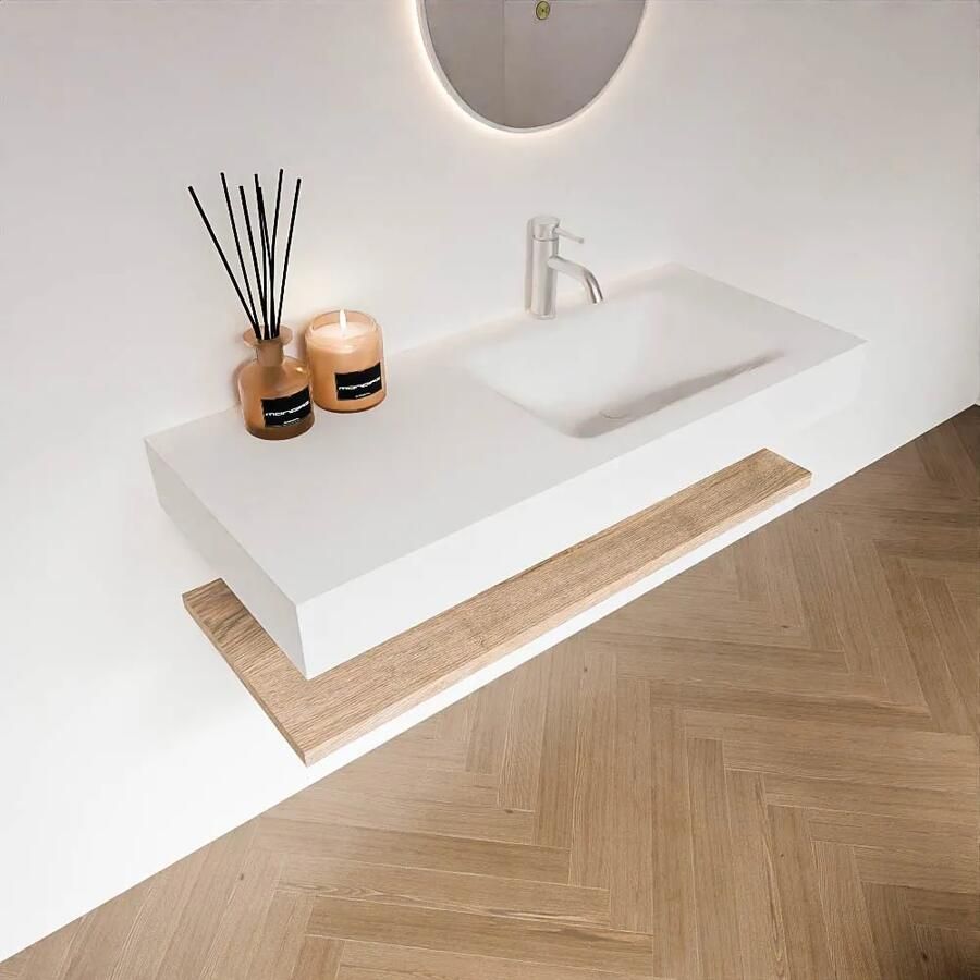 Zaro Alan badmeubel 110cm met planchet washed oak en vrijhangende wastafel cloud rechts 1 kraangat talc