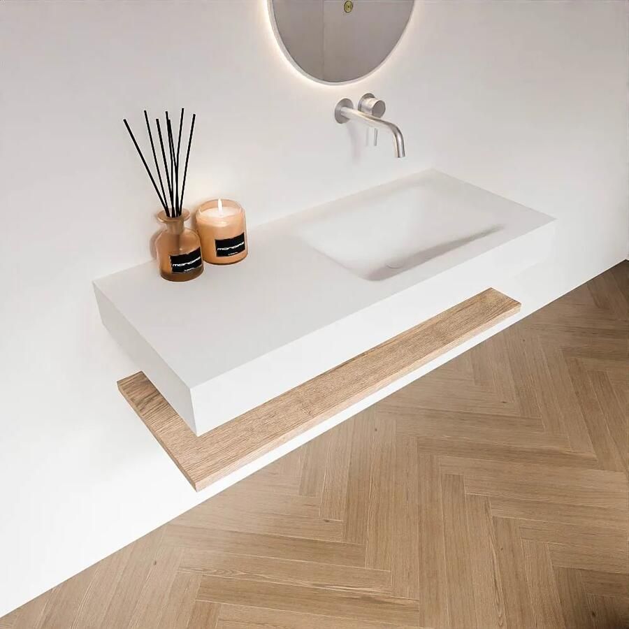 Zaro Alan badmeubel 110cm met planchet washed oak en vrijhangende wastafel cloud rechts zonder kraangat talc