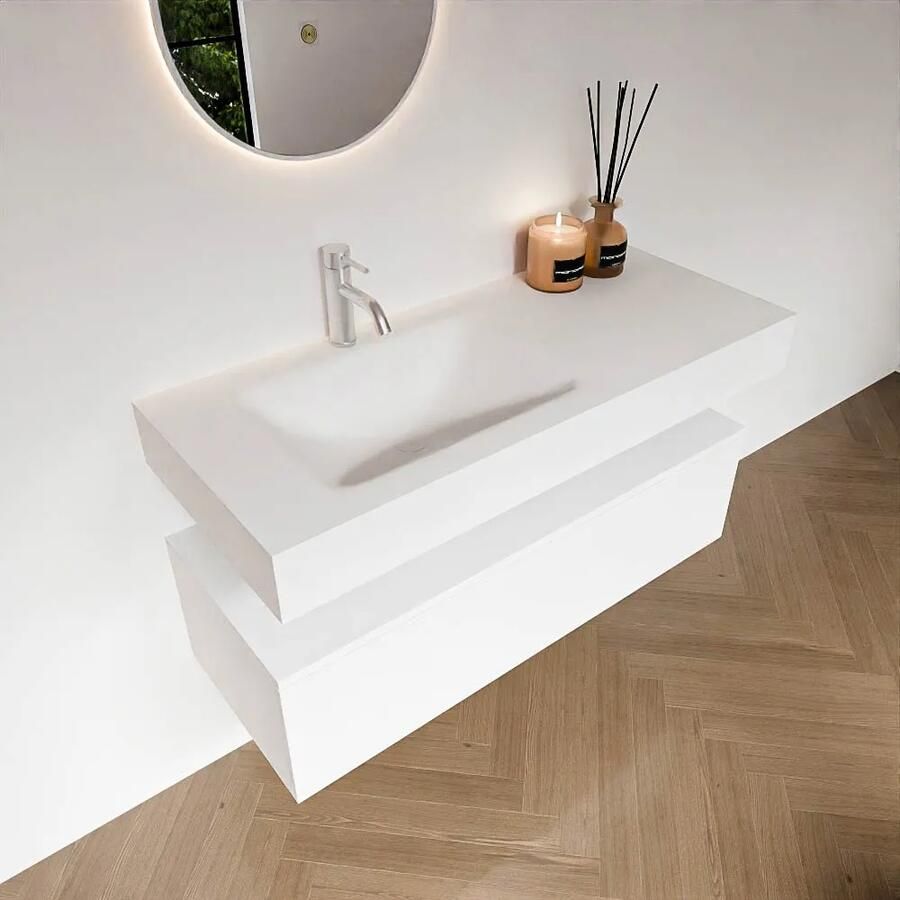 Zaro Alan badmeubel 110cm talc 1 lade met vrijhangende wastafel cloud links 1 kraangat talc