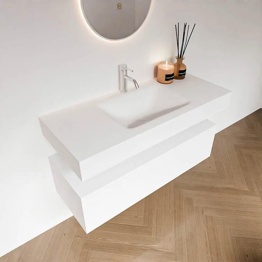 Zaro Alan badmeubel 110cm talc 1 lade met vrijhangende wastafel cloud midden 1 kraangat talc