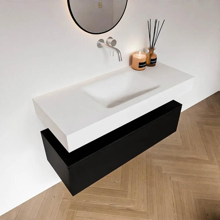 Zaro Alan badmeubel 110cm urban 1 lade met vrijhangende wastafel cloud midden zonder kraangat talc