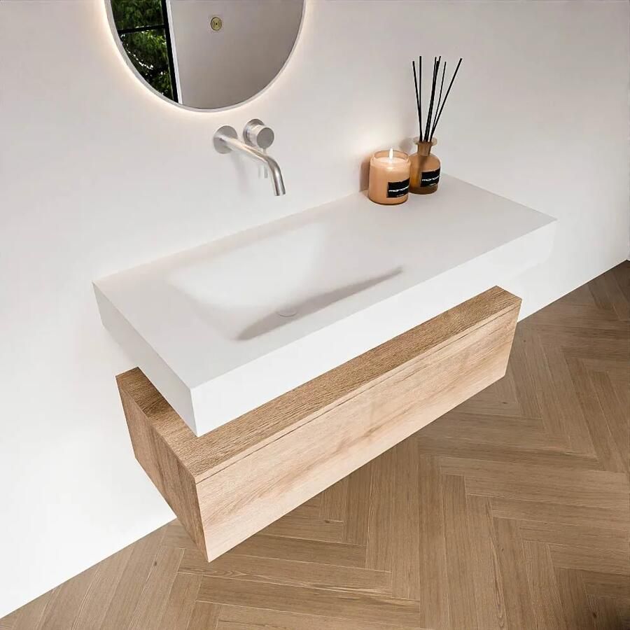 Zaro Alan badmeubel 110cm washed oak 1 lade met vrijhangende wastafel cloud links zonder kraangat talc