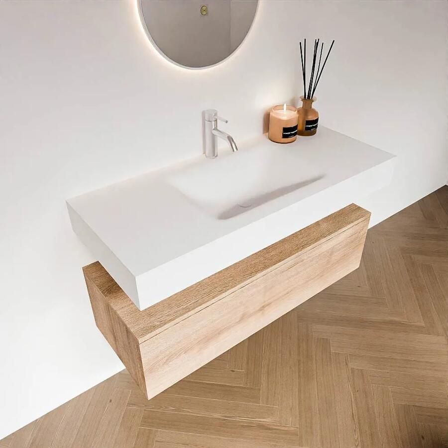 Zaro Alan badmeubel 110cm washed oak 1 lade met vrijhangende wastafel cloud midden 1 kraangat talc