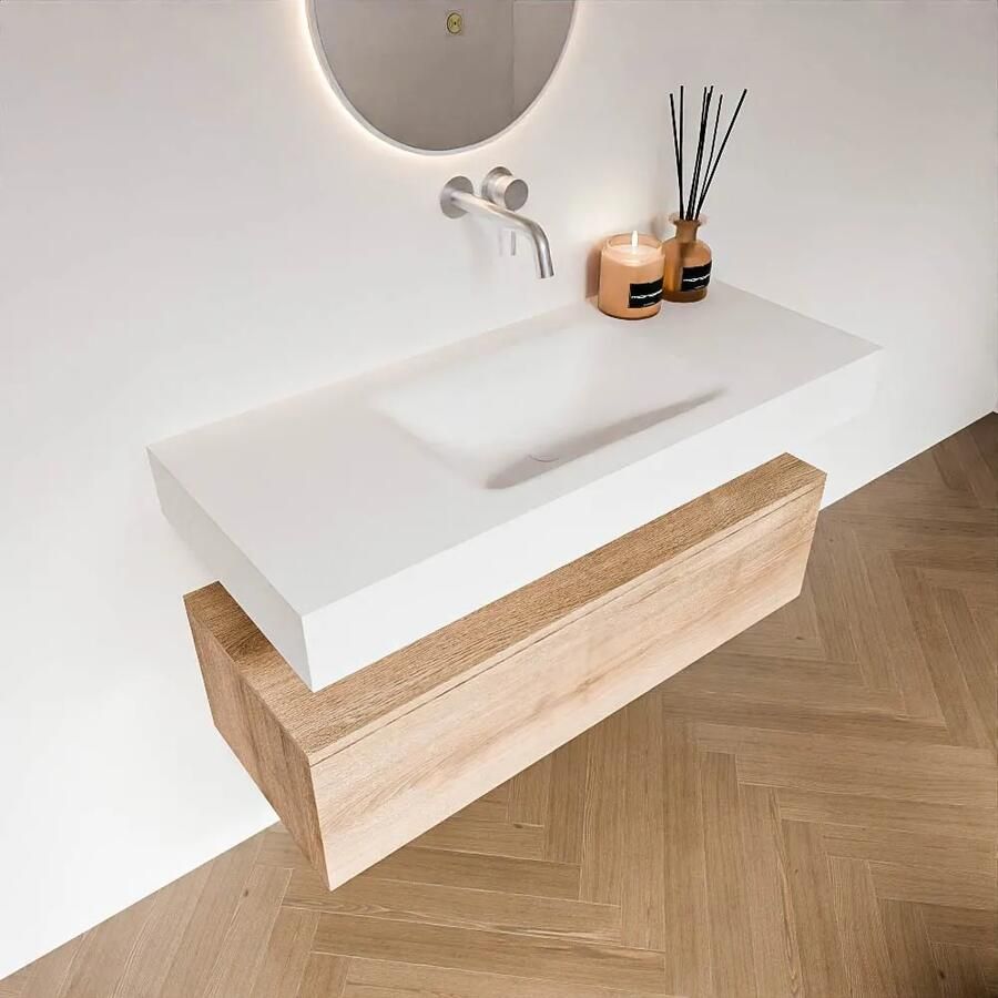 Zaro Alan badmeubel 110cm washed oak 1 lade met vrijhangende wastafel cloud midden zonder kraangat talc