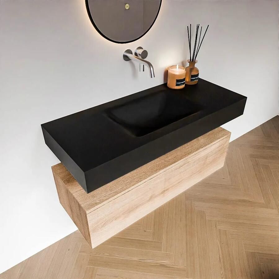 Zaro Alan badmeubel 110cm washed oak 1 lade met vrijhangende wastafel cloud midden zonder kraangat urban