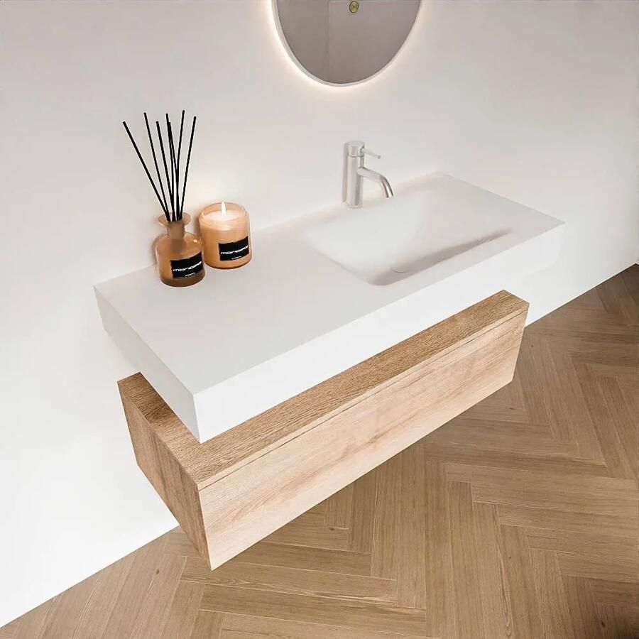 Zaro Alan badmeubel 110cm washed oak 1 lade met vrijhangende wastafel cloud rechts 1 kraangat talc