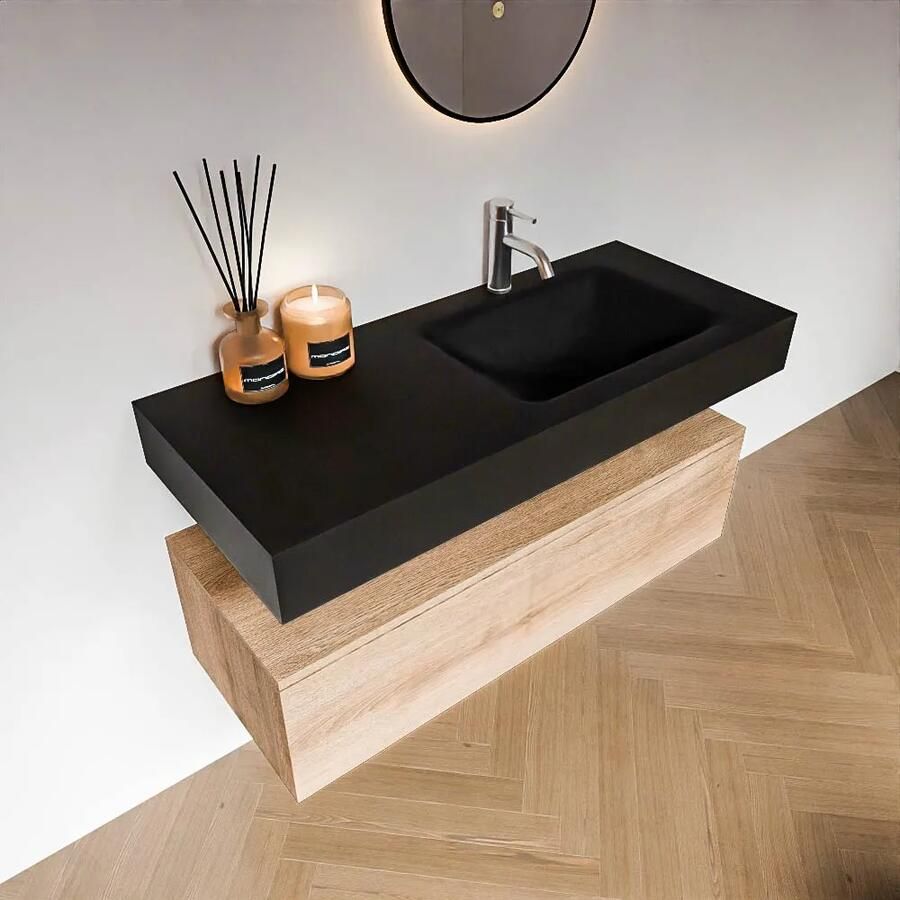 Zaro Alan badmeubel 110cm washed oak 1 lade met vrijhangende wastafel cloud rechts 1 kraangat urban