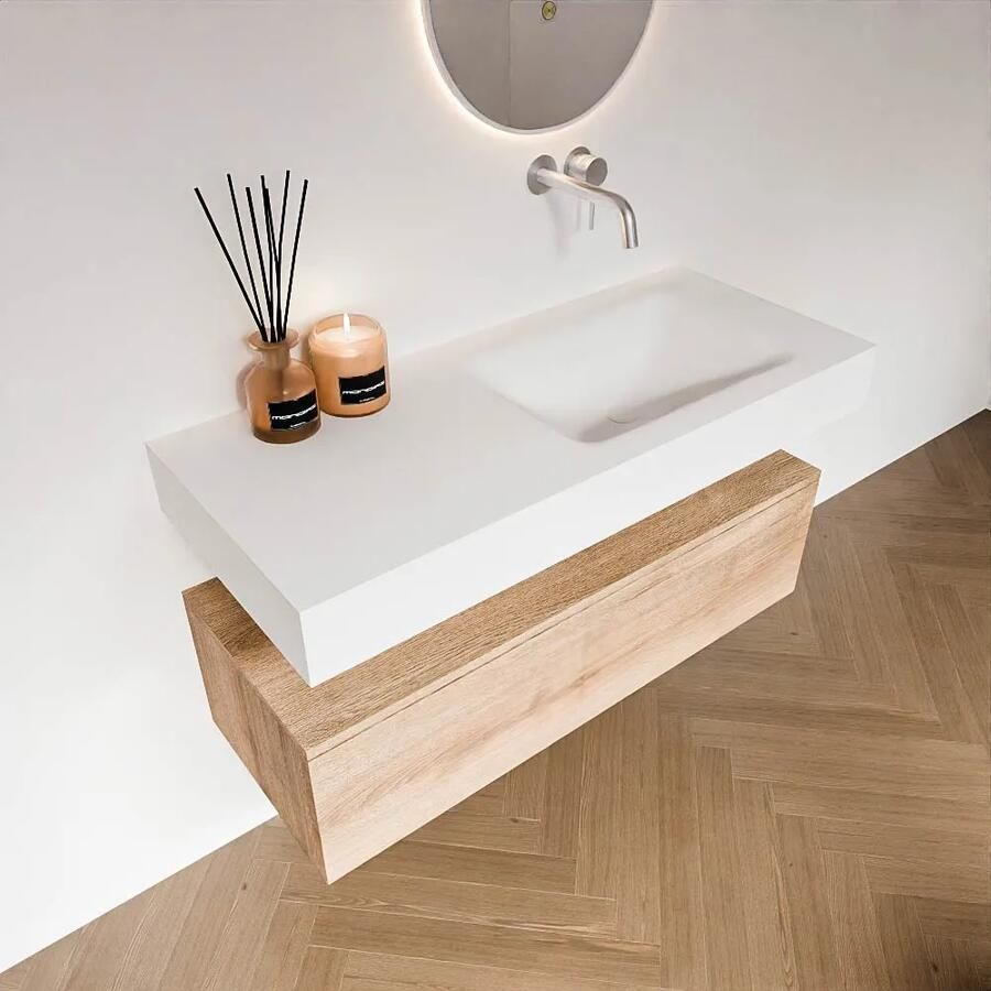 Zaro Alan badmeubel 110cm washed oak 1 lade met vrijhangende wastafel cloud rechts zonder kraangat talc