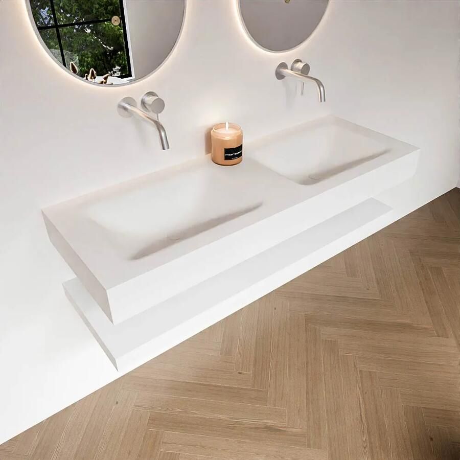 Zaro Alan badmeubel 130cm met planchet talc en vrijhangende wastafel cloud dubbel zonder kraangat talc