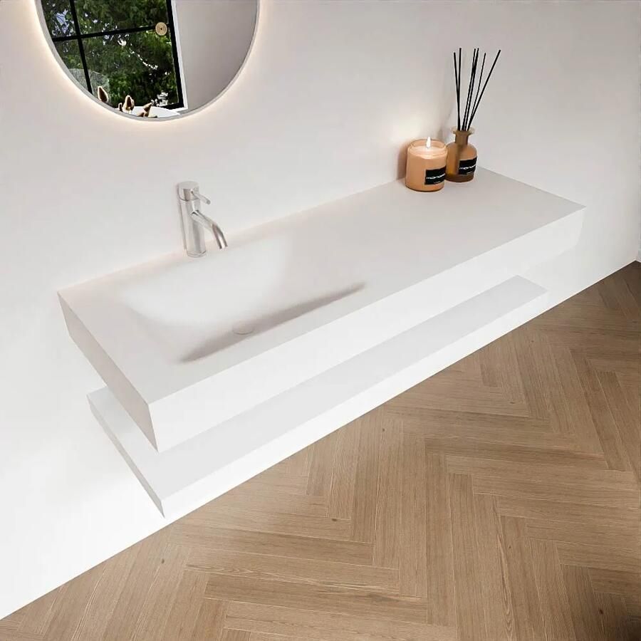 Zaro Alan badmeubel 130cm met planchet talc en vrijhangende wastafel cloud links 1 kraangat talc