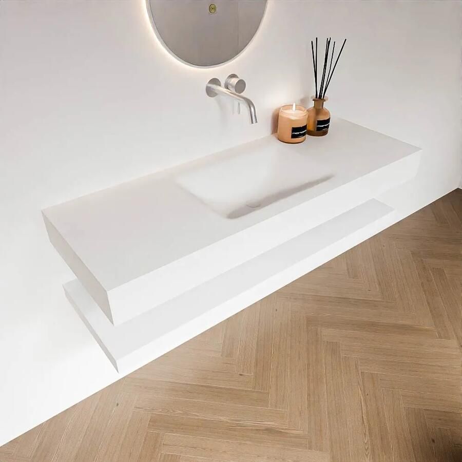 Zaro Alan badmeubel 130cm met planchet talc en vrijhangende wastafel cloud midden zonder kraangat talc