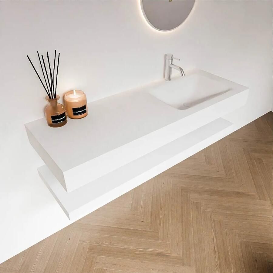 Zaro Alan badmeubel 130cm met planchet talc en vrijhangende wastafel cloud rechts 1 kraangat talc