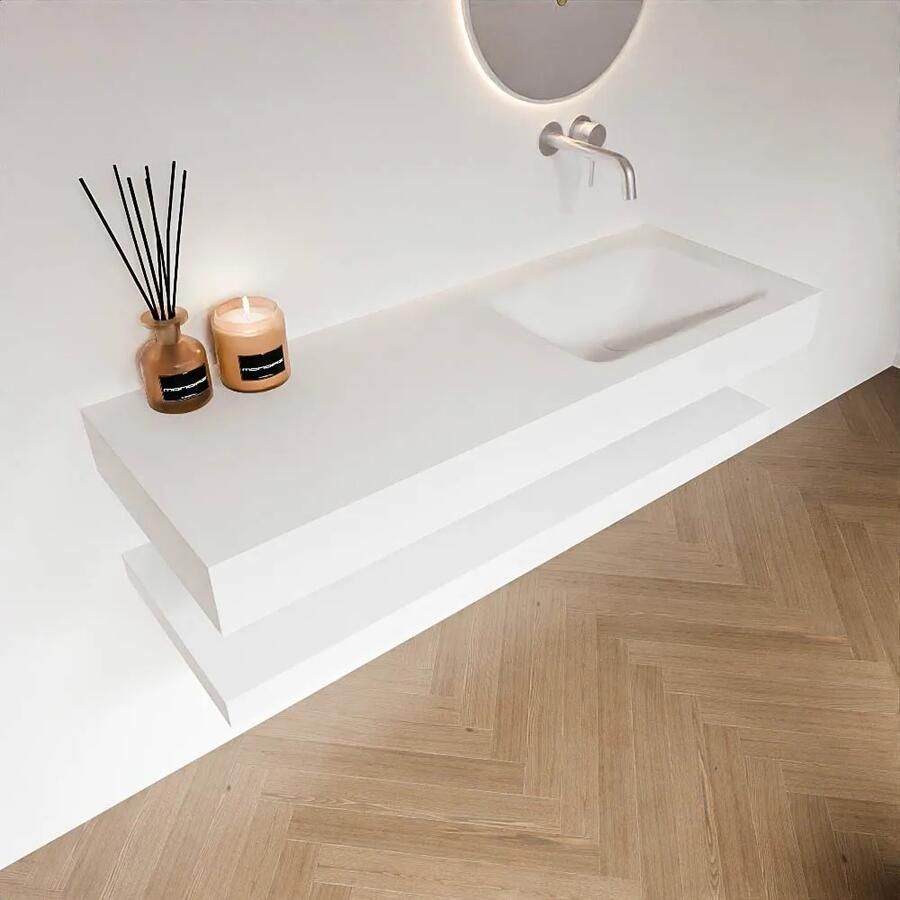 Zaro Alan badmeubel 130cm met planchet talc en vrijhangende wastafel cloud rechts zonder kraangat talc