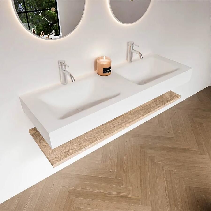 Zaro Alan badmeubel 130cm met planchet washed oak en vrijhangende wastafel cloud dubbel 2 kraangaten talc