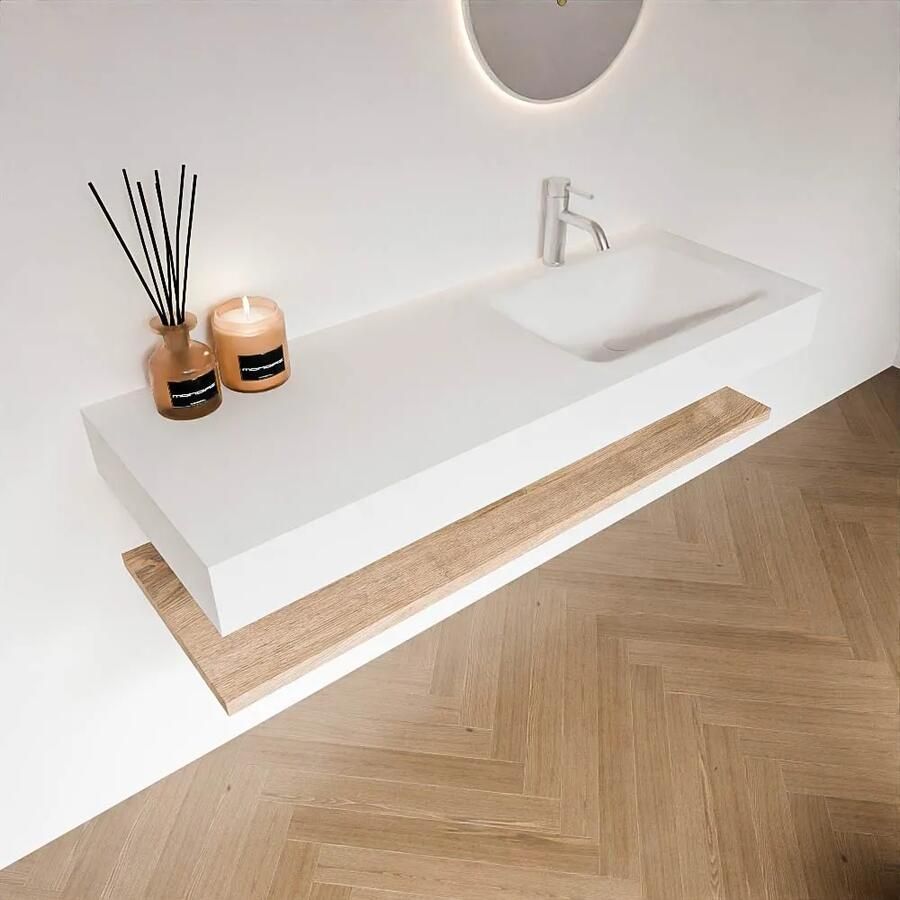 Zaro Alan badmeubel 130cm met planchet washed oak en vrijhangende wastafel cloud rechts 1 kraangat talc