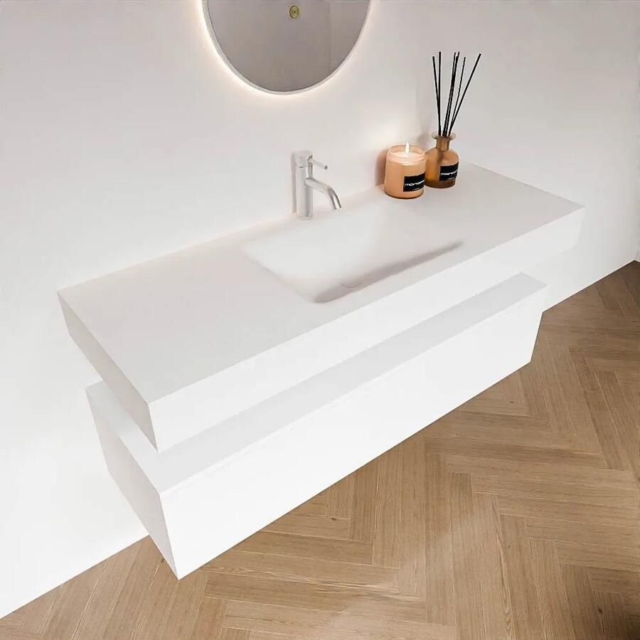 Zaro Alan badmeubel 130cm talc 1 lade met vrijhangende wastafel cloud midden 1 kraangat talc