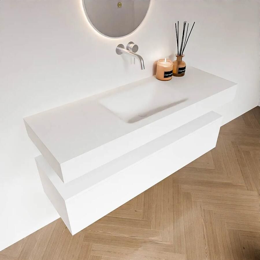 Zaro Alan badmeubel 130cm talc 1 lade met vrijhangende wastafel cloud midden zonder kraangat talc