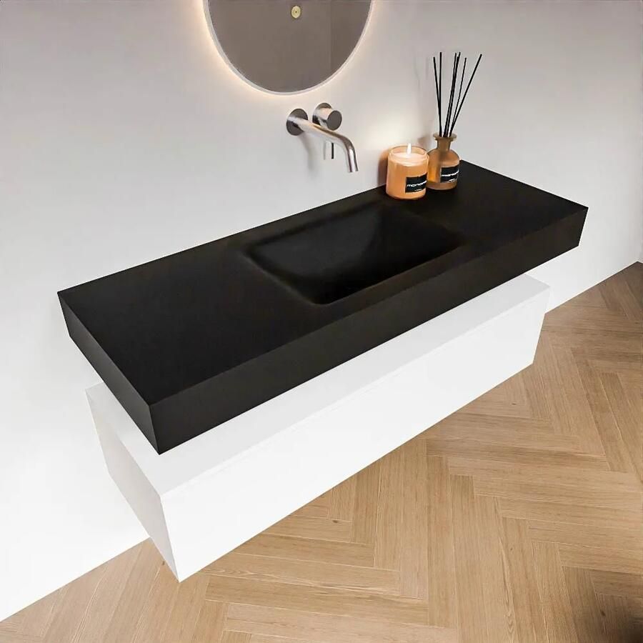 Zaro Alan badmeubel 130cm talc 1 lade met vrijhangende wastafel cloud midden zonder kraangat urban