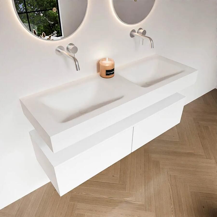 Zaro Alan badmeubel 130cm talc 2 lades met vrijhangende wastafel cloud dubbel zonder kraangat talc