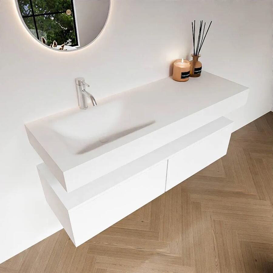 Zaro Alan badmeubel 130cm talc 2 lades met vrijhangende wastafel cloud links 1 kraangat talc