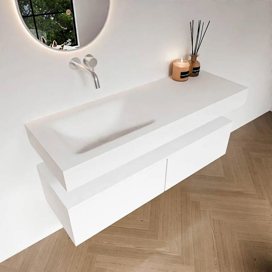 Zaro Alan badmeubel 130cm talc 2 lades met vrijhangende wastafel cloud links zonder kraangat talc