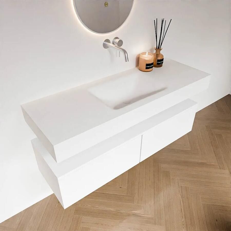 Zaro Alan badmeubel 130cm talc 2 lades met vrijhangende wastafel cloud midden zonder kraangat talc